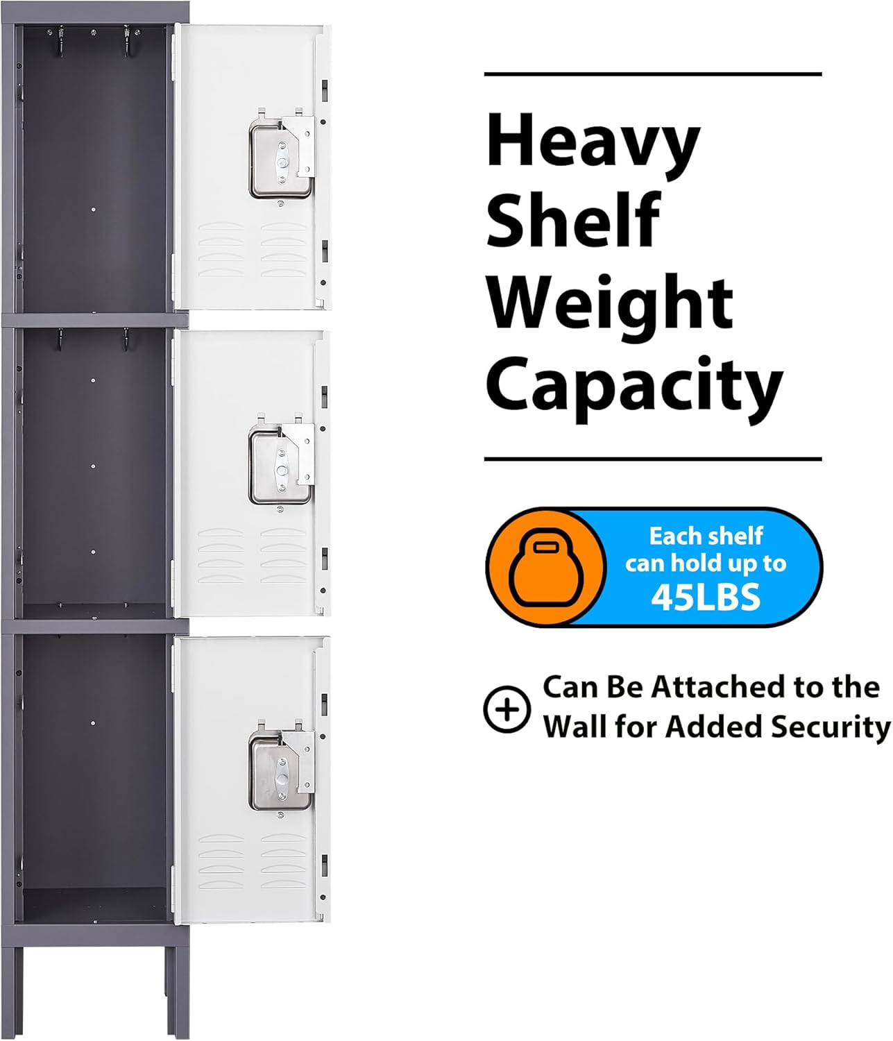 Metal Locker for School Home Office Gym, Steel Storage Lockers for Employees Students, 3 Tier Metal Storage Locker Cabinet with 3 Doors (Grey White)