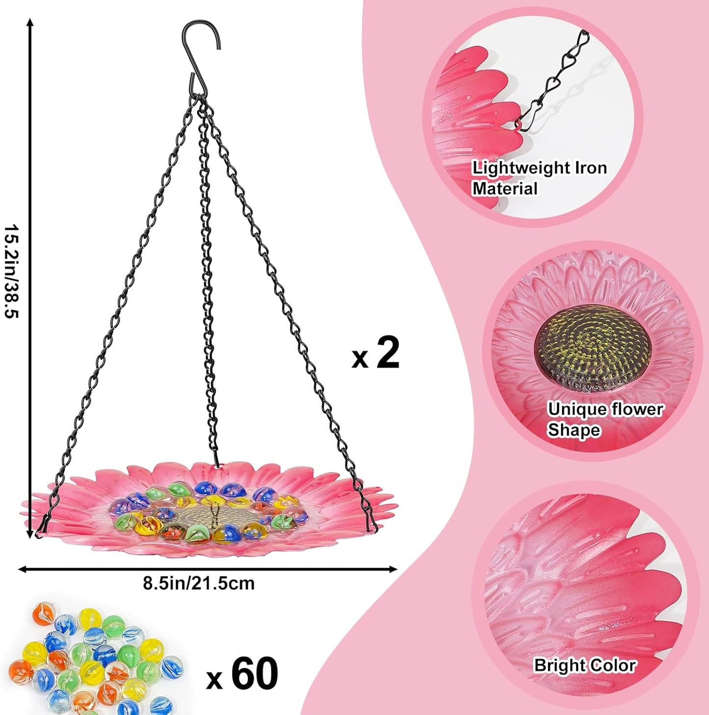 Bee Watering Station for Garden, Bee Bath Feeders for Outside with Vivid Flower Design, Hanging Butterfly Bowl with Glass Balls for Outdoor Courtyard Decoration (2Pcs-Pink)