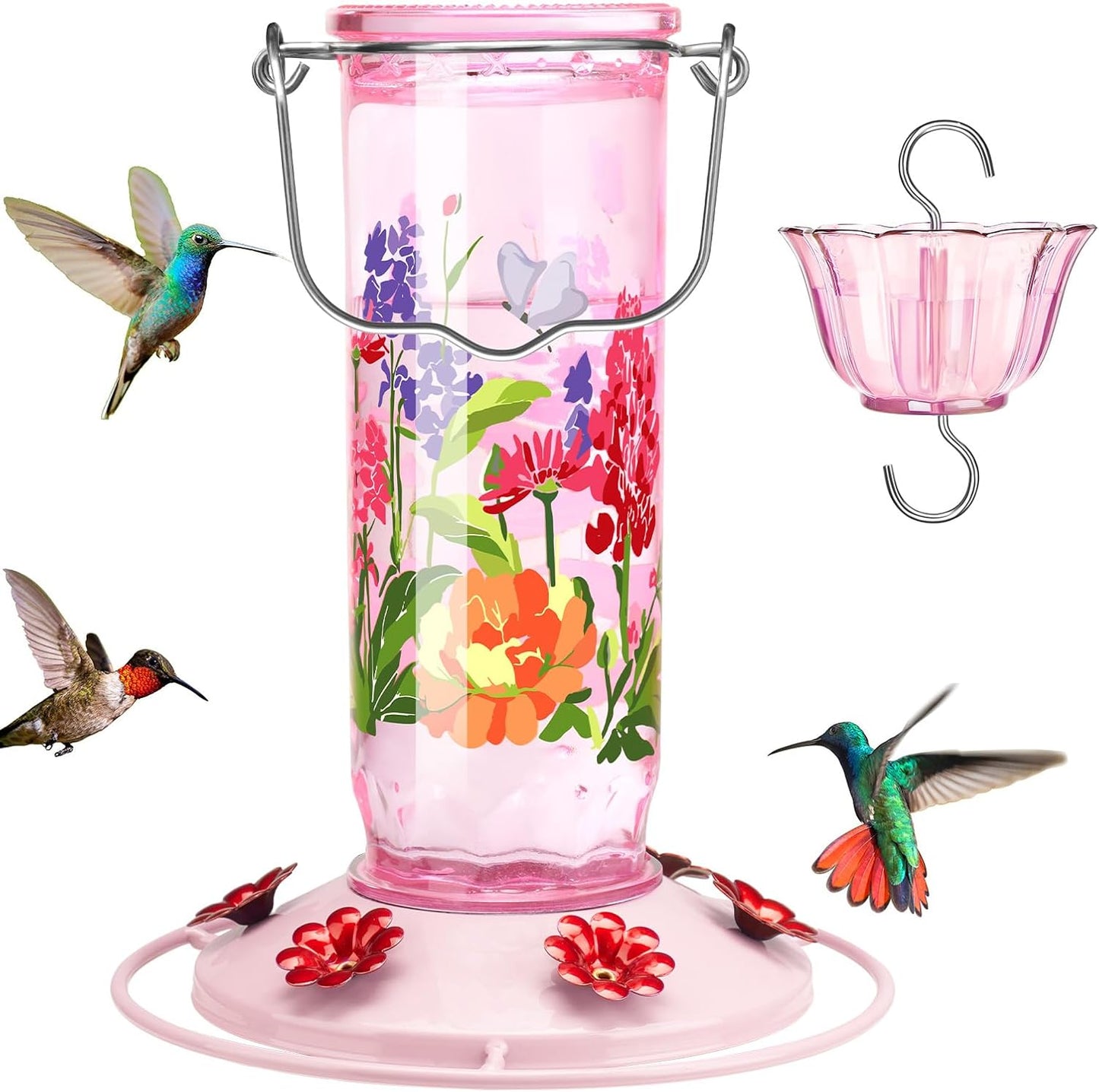 Kingsyard Hummingbird Feeder for Outdoor Hanging - Charming Patterned Glass Humming Bird Feeder with 6 Feeding Ports and Ant Moat, Ideal Gift Choice for Bird Lovers, Pink