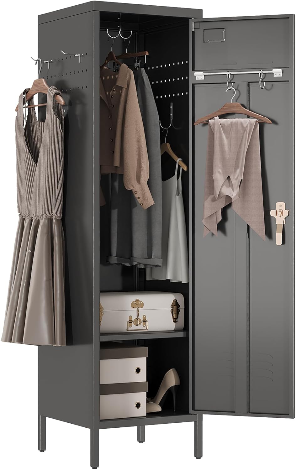 METAN Metal Storage Lockers with 1 Door and 1 Adjustable Shelf,55''H*15''W*15''D Steel Lockers with Hooks for School,Home,Office,Gym,Assembly Required,Black