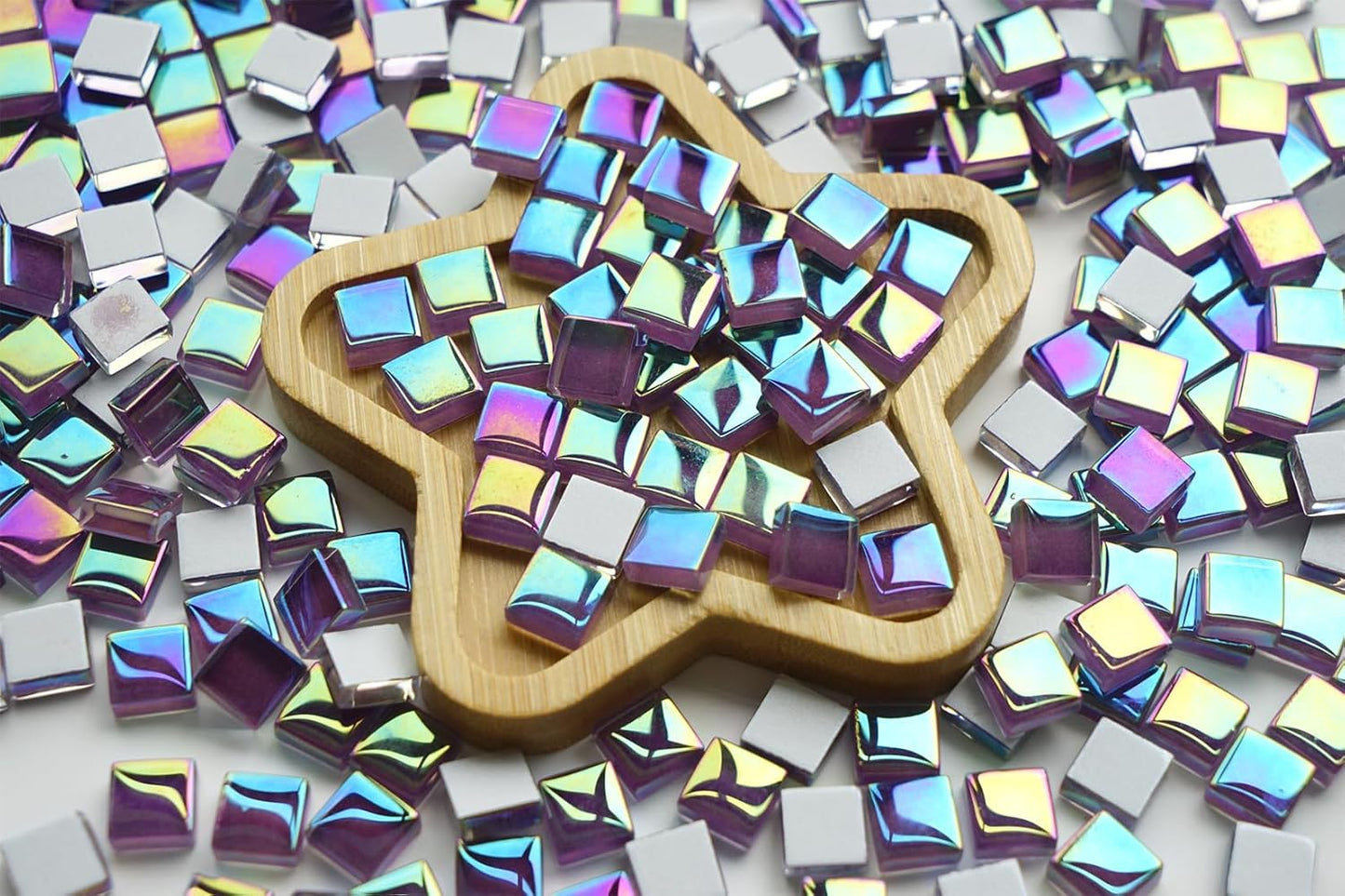 300G Iridescent Mosaic Tiles for Crafts, 335pcs Small Purple Crystal Glass Tiles for Mosaic Making Projects, 3/8" Square Stained Glass Mosaic Pieces for DIY Mosaic Work, Tiles for Glass Art