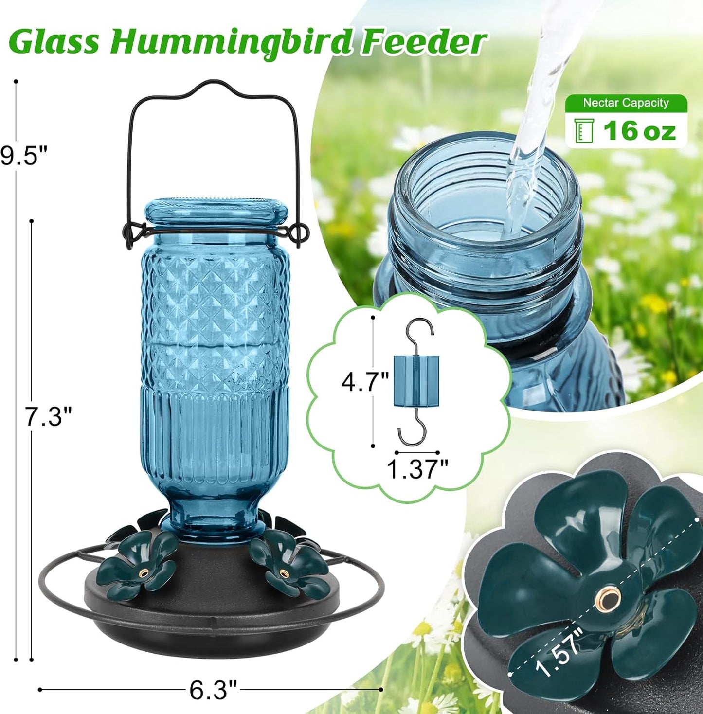 FEED GARDEN Glass Hummingbird Feeder for Outdoors Hanging, 16 OZ Humming Birds Feeders with 4 Bee Guard Feeding Ports & Built-in Ant Moat, Hummingbird Gifts for Mom, Bird Feeder for Outside, Blue