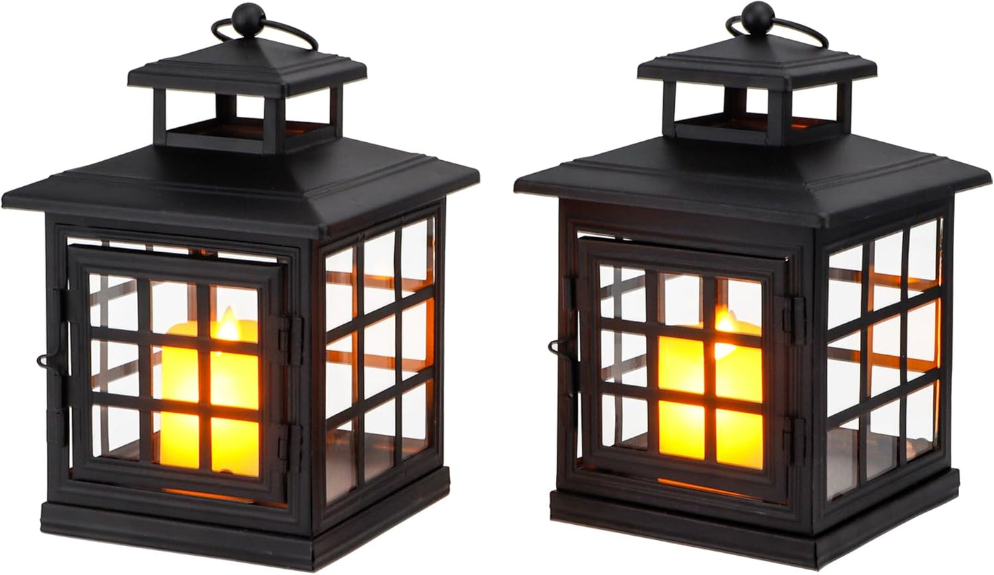 TRIROCKS Set of 2 Decorative Candle Lantern Metal Candle Holder Hanging Lantern Perfect for Home Decor Halloween Living Room Parties Events Tabletop Indoors Outdoors (Black)