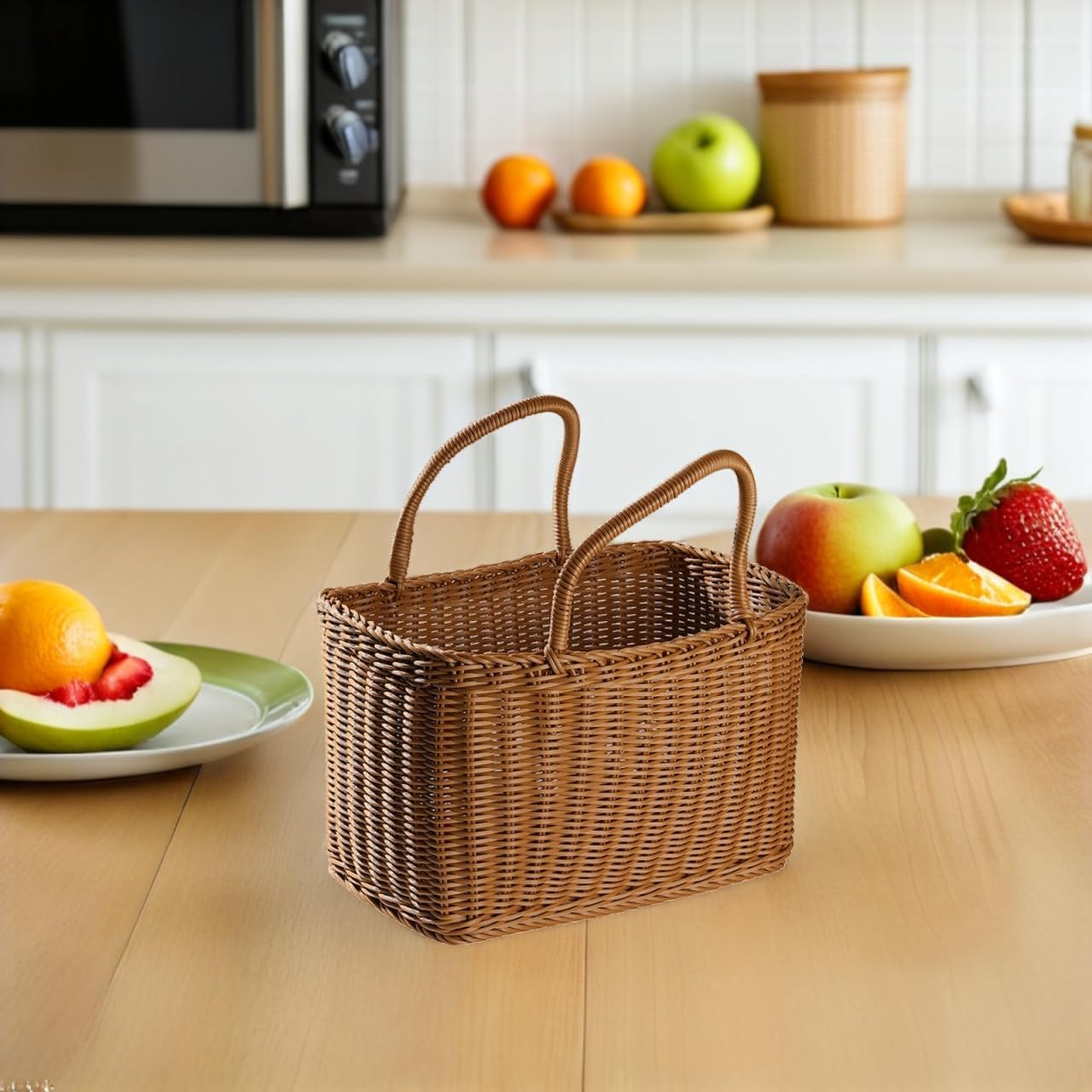 Alipis Decorative Woven Basket with Handle, Brown Plastic Rattan Flower Arrangement Basket for Storage, Picnic, Home Decor, Fruits, Vegetables, Camping, Weddings