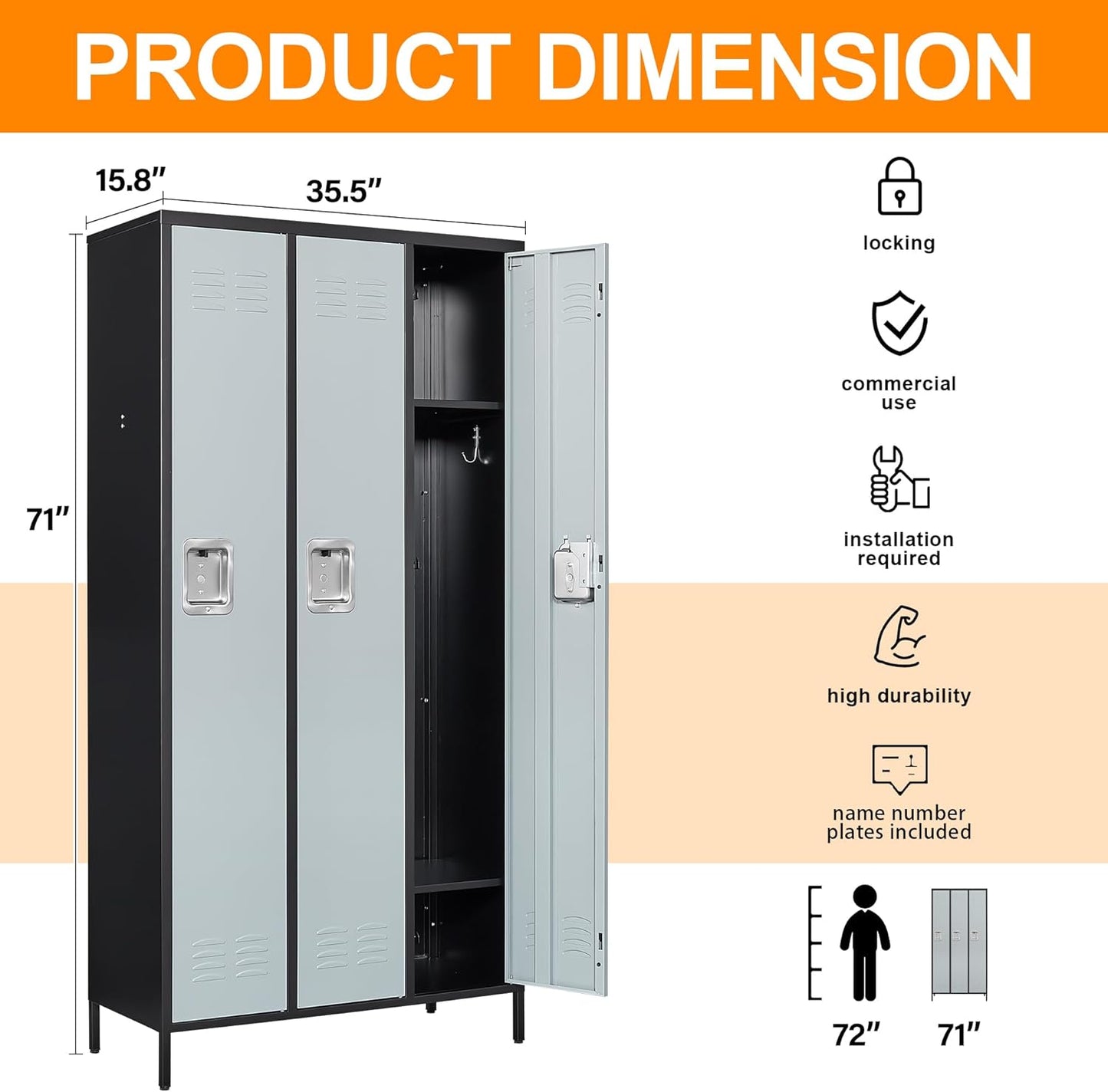Metal Locker with 3 Doors Employees Locker, Metal Storage Locker with Hooks, 71" Storage Cabinet Lockers for Employees, Home, Office, Gym Requires Assembly (3 Doors, Black Grey)