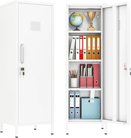 47" Metal Storage Locker, Lockable Employees Metal Locker with Door and Adjustable Shelves, Steel Locker for Home, School, Office, Gym (White)