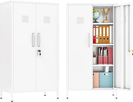 47" Metal Storage Locker, Lockable Employees Metal Locker with 2 Door and Adjustable Shelves, Steel Locker for Home, School, Office, Gym (White)