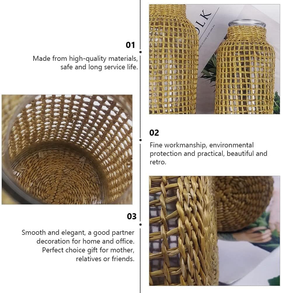 DOITOOL Glass Flower Vase With Rattan Cover, Round Decorative Woven Seagrass Farmhouse Floral Container for Arrangement Table Centerpiece Decor (Size S+L)