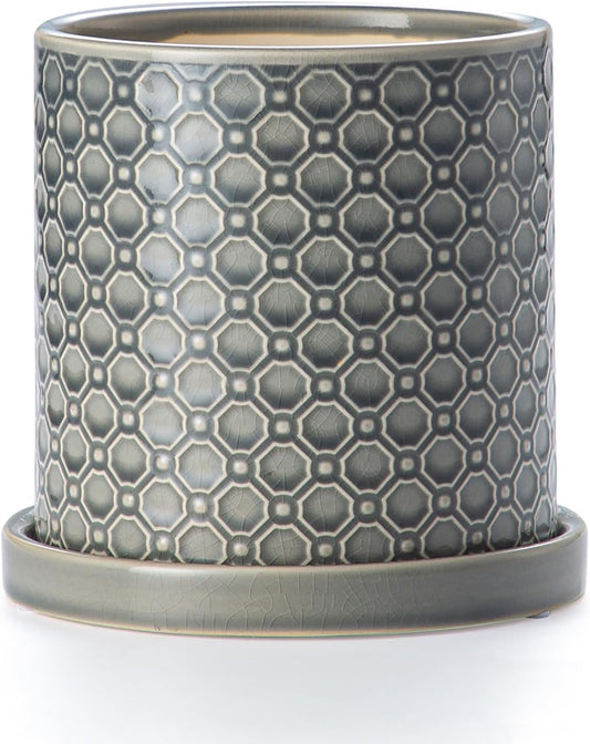 6 Inch Plant Pot: Ceramic Planter with Drainage Hole & Saucer Indoor Outdoor Plants - Cylinder Round Flower Pot for Home Office - Modern Decorative - Small Grey