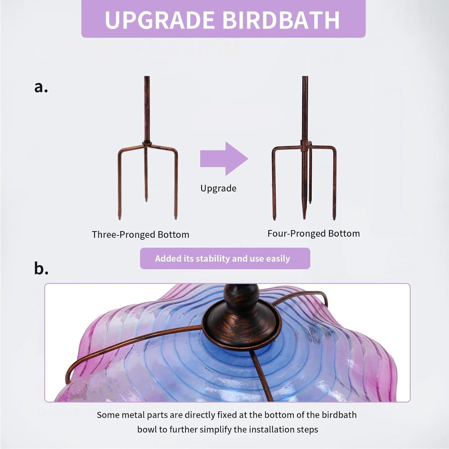 MUMTOP 31 Inch Height Glass Birdbaths, Outdoor Bird Bath Birdfeeder with Metal Stake Garden Yard Outside, Purple