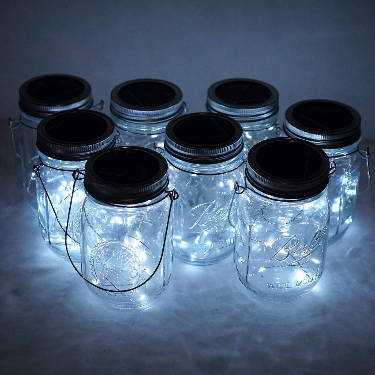 8 Pack Solar Mason Jar Lids Lights, 20 LED Waterproof Fairy Firefly String Lights with 8 Hangers (Jars Not Included), for Wedding, Outdoor, Lawn, Patio, Garden, Party, Christmas Decor (Cold White)