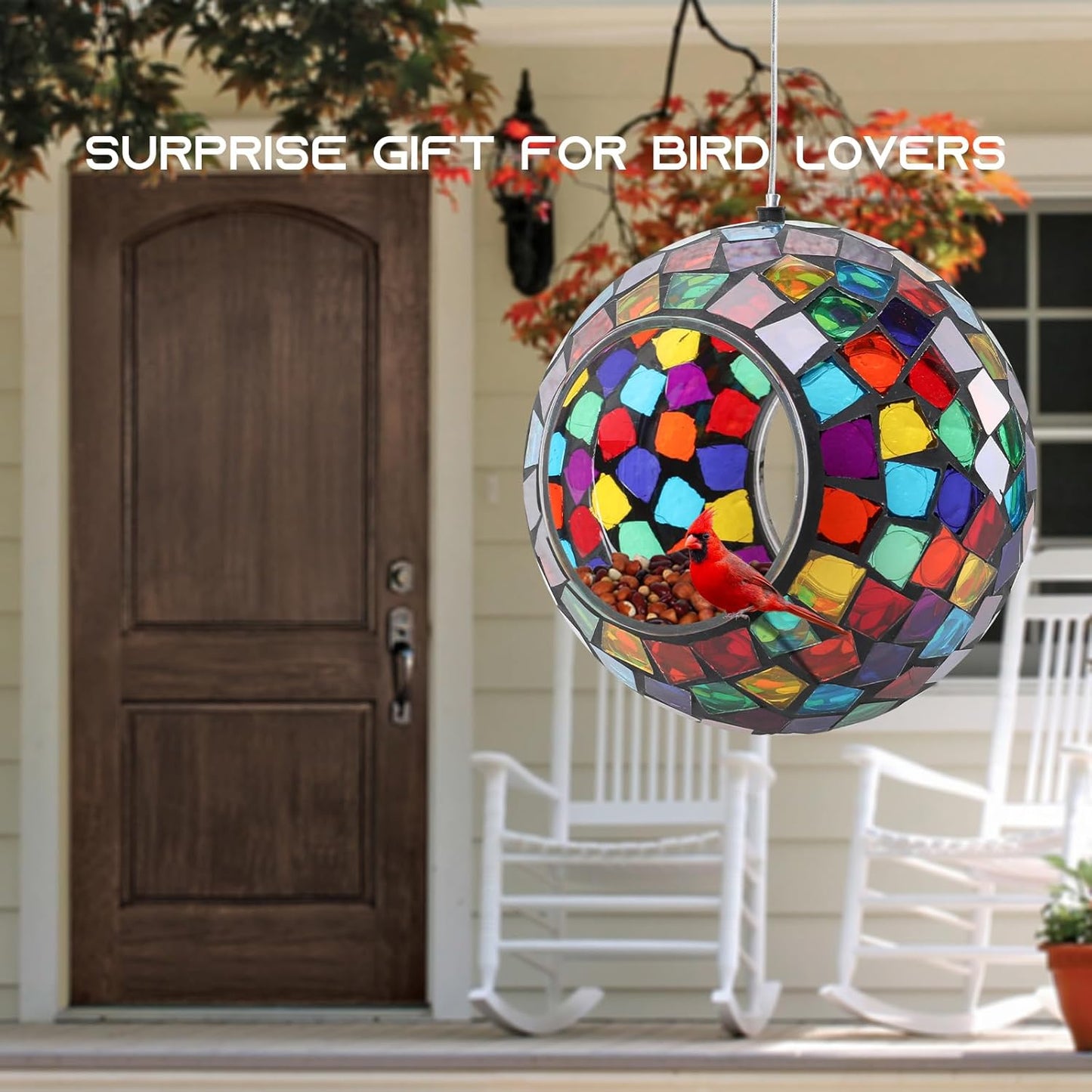 Yinns Mosaic Bird Feeder, Hanging Glass Birds Feeder, Fly Through Bird Feeder with Oval Stained Glass, Outdoor Garden Decor, 6.5 inch Purple