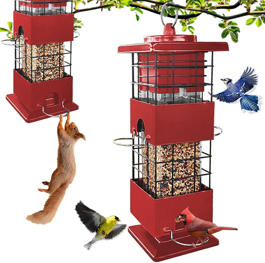 Squirrel Proof Bird Feeder, 3LBS Large Capacity Hanging Bird Feeders for Outdoors, Weight-Activated Perches Metal Anti-Squirrel Birdfeeder for Blue Jay, Cardinal, Outside (Red)