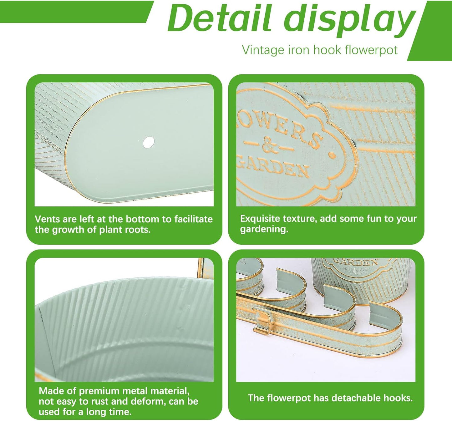 PerGar Vintage Metal Iron Wall Hanging Flower Pots, Rustic Planter Bucket Herb Flower Plant Holder with Detachable Hooks & Drainage Hole for Railing Fence Balcony Deck Garden Home Decoration, Set of 3