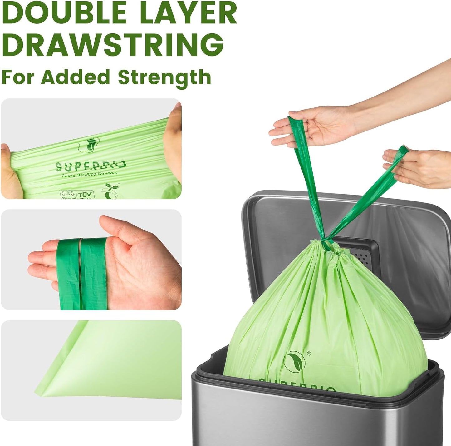 SUPERBIO 4 Gallon Compostable Drawstring Food Scrap Bags,15.1 Liter, 40 Count, 0.9 Mil,Heavy Duty Waste Bags, BPI, Seedling and OK compost INDUSTRIAL