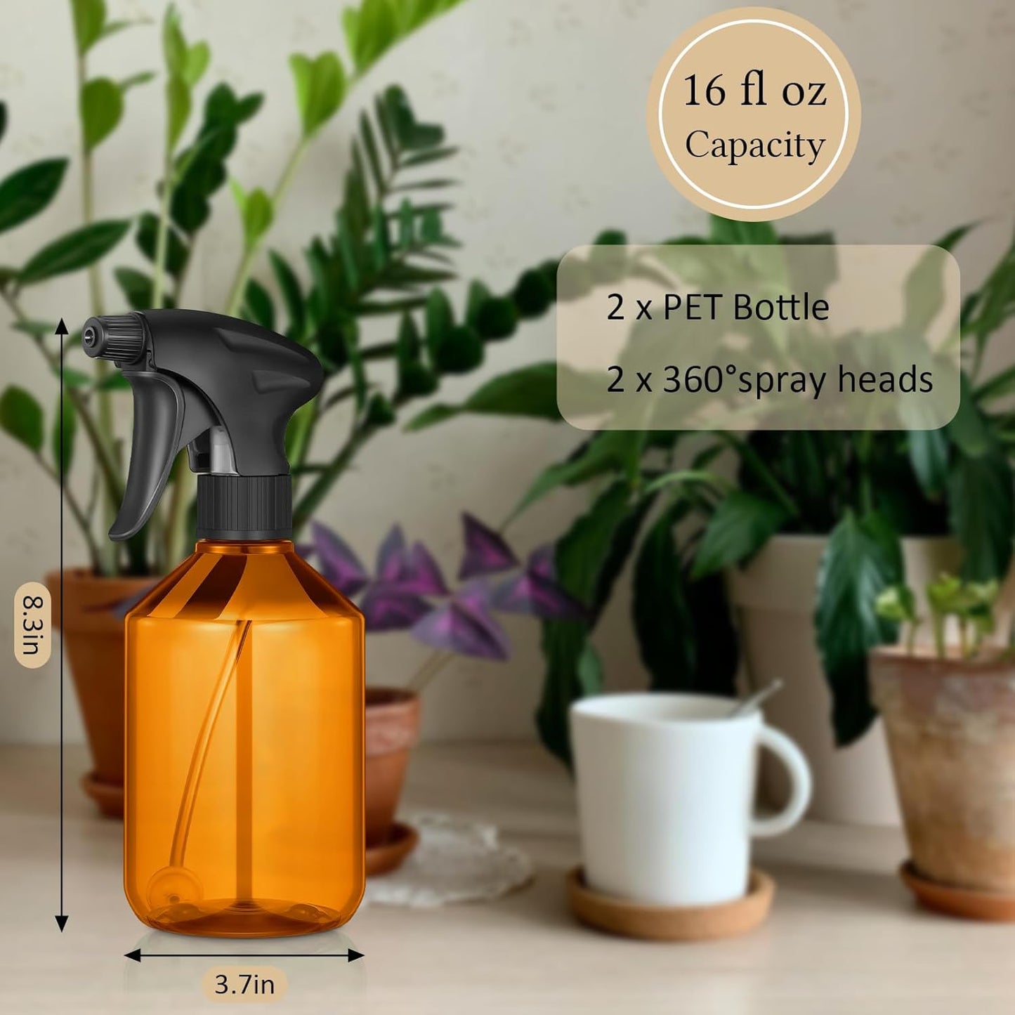 Baderke 2 PCS 360° Spray Bottle, 16 oz Upside Down Spray Bottles, Plastic Spray Bottles is Nice for Plants, Cleaning Solutions, Durable Nozzle w/Fine Mist and Stream Setting (Brown)