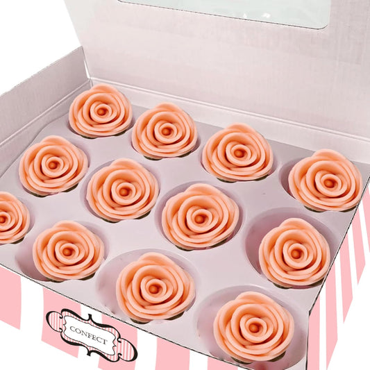Confect Edible Rose Cake Toppers | Cupcakes & Doughnut Toppers | Roses for Cake Decorations | Edible Pretty Peach Pearl Roses - Vegan, Gluten-Free, Nut-Free, Dairy-Free, Palm Oil-Free -Pack of 12