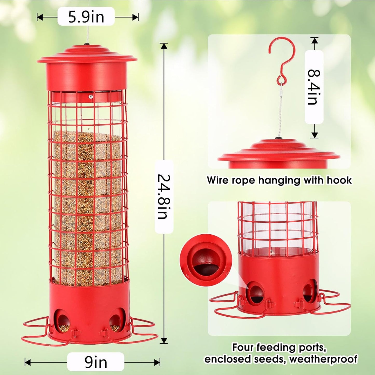 Squirrel Proof Bird Feeder for Outdoors, Weatherproof Metal Feeder, 4.5 lb Large Capacity, Weight-Activated Perches, Hanging Feeder for Cardinals, Finches, Wild Birds, Red