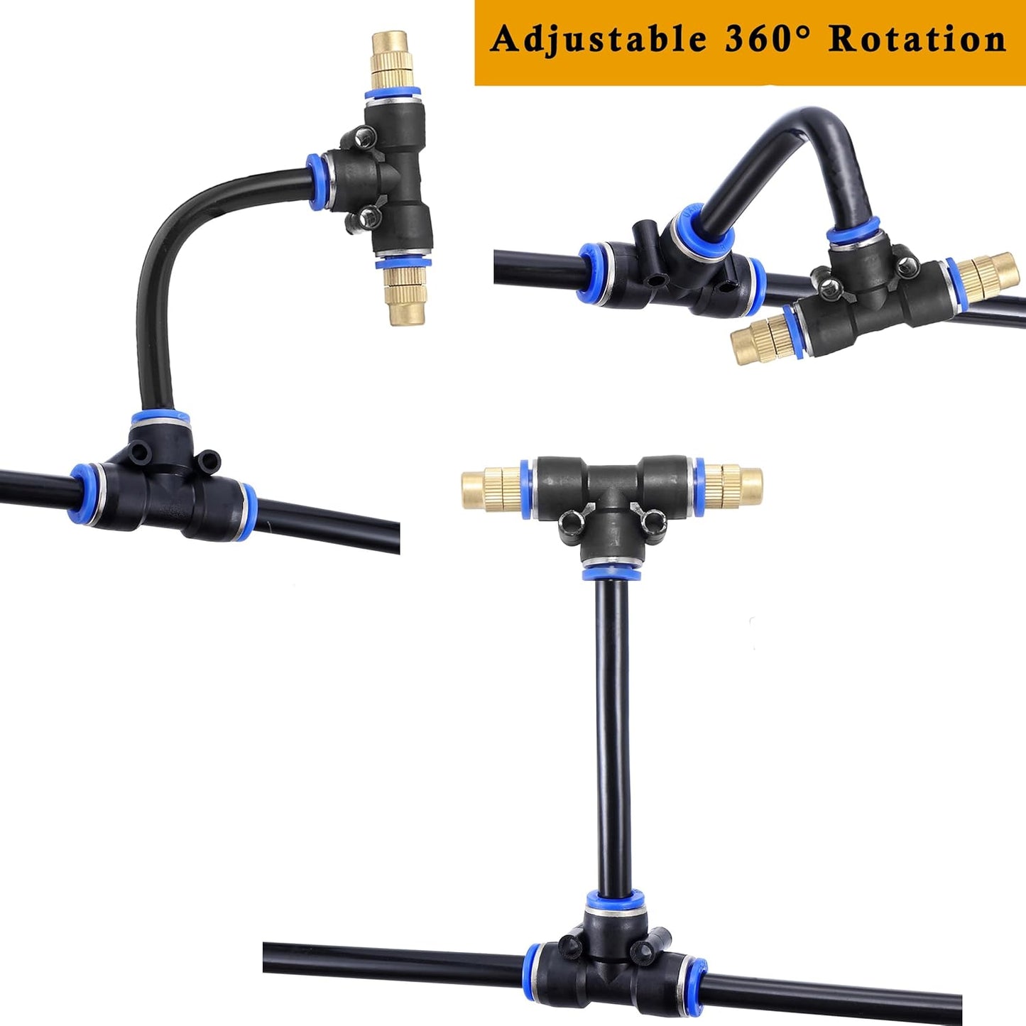 Mornajina 3Packs 2 Way Brass Misting Nozzles Tee with 12inch Built in Hose for Outdoor Cooling System, Adjustable 360° Rotation, Water Mister Nozzles Thread Sprayer 0.043" (1.1 mm)