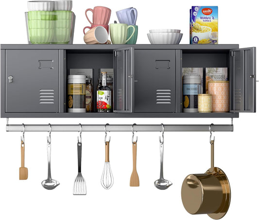 Metal 4 Doors Locker Cabinet with Hanging Rod, Wall-Mounted Storage Lockers for Home, Office, Garage, Storage, Assembly Required, Dark Gray