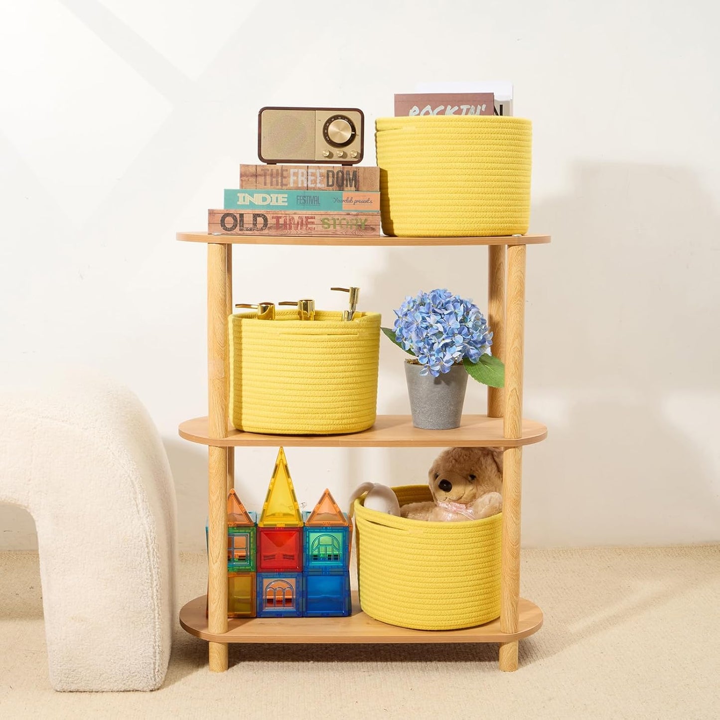 Small Basket for Organizing | Cube Shelf Closet Storage Baskets | 9.7×9.7×7.1” | Woven Rope Gift Basket | Nursery | Round 3 Packs Yellow
