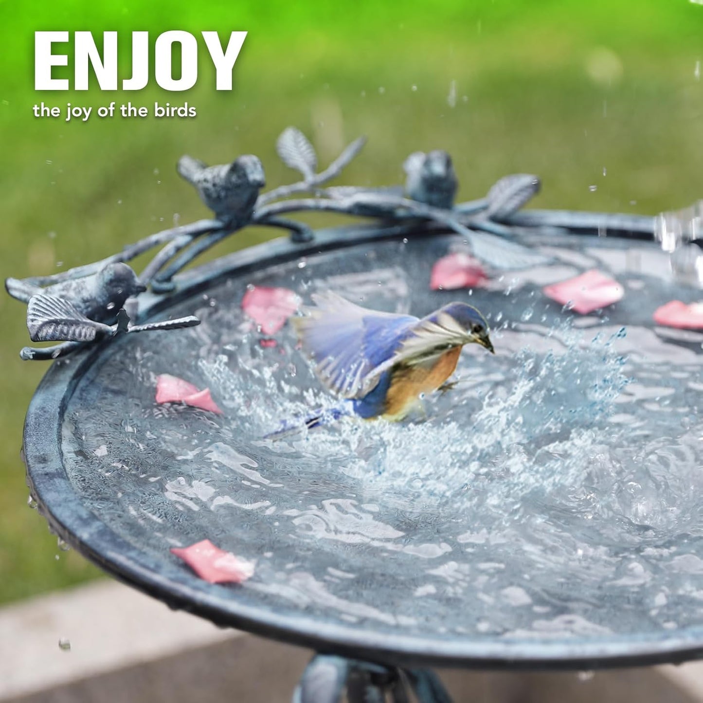 Solution4Patio 16.7" Metal Bird Bath with Perch - Rust-Resistant Outdoor Garden Decor, Shallow Wide Bowl & Foldable Stand for Birds/Plants