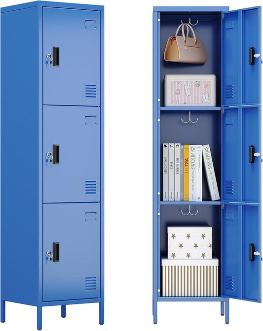 METAN Metal Storage Employees Lockers with 3 Lockable Doors and Hooks,66''H*16''W*16''D Locking Storage Cabinets for Small Spaces,Home,School,Gym,Assembly Required,Blue