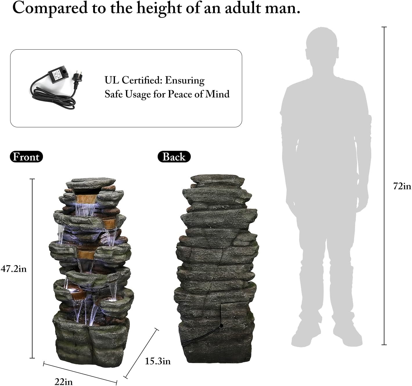 SunJet 47.2" High 6-Tiers Cascading Rock Outdoor Water Fountain with LED Lights - Large Outdoor Fountains and Waterfalls for Garden or Patio, Yard, and Deck Decor, Featuring Natural Stone Look