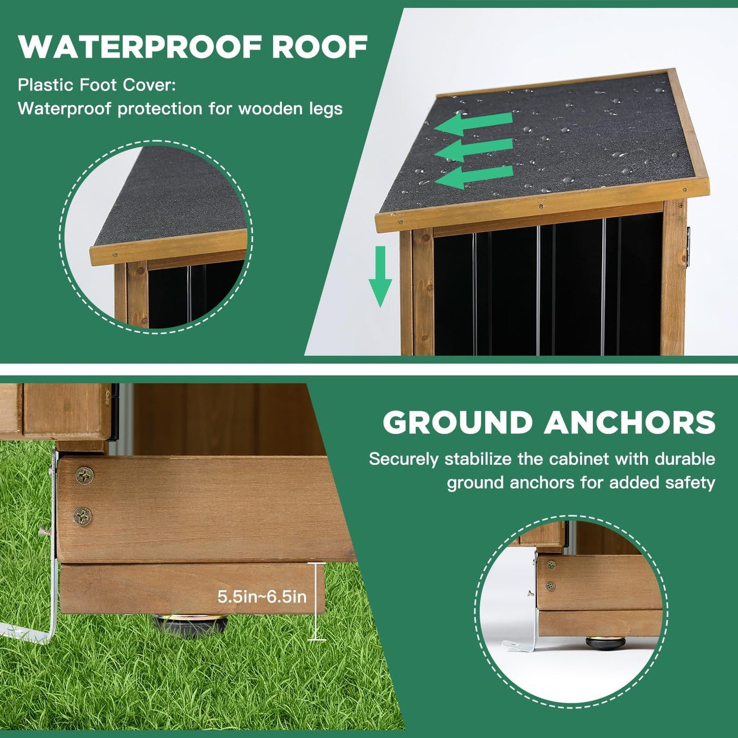 Outdoor Storage Cabinet, Wood & Metal Storage Shed with Weather-Resistant Roof, Double Lockable Doors, Removable Shelves & Adjustable Feet, for Patio, Backyard, Poolside, 46" x 18" x 68"