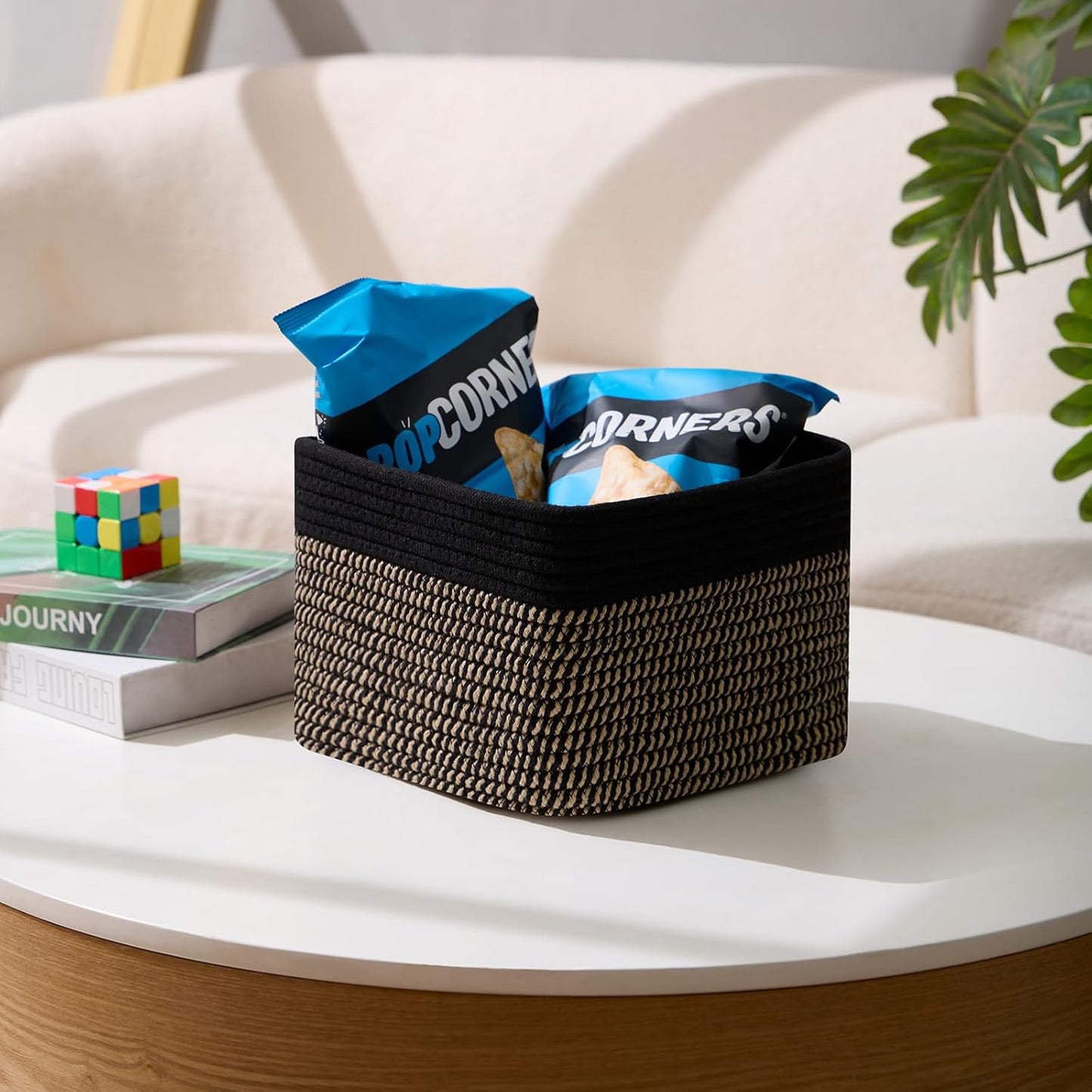 Small Organizing Baskets for Cubes Shelf, 9.7x9.7x7.1 Inch Rope Woven Storage Bins for Nursery Shelves Storage, Cute Toy Basket, Square 3 Packs Black Brown