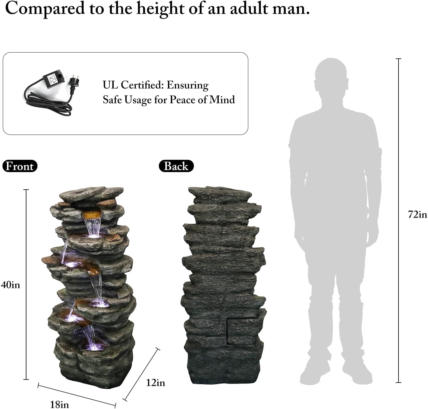 SunJet 40" High 6-Tiers Cascading Rock Outdoor Water Fountain with LED Lights - Large Outdoor Fountains and Waterfalls for Garden or Patio, Yard, and Deck Decor, Featuring Natural Stone Look