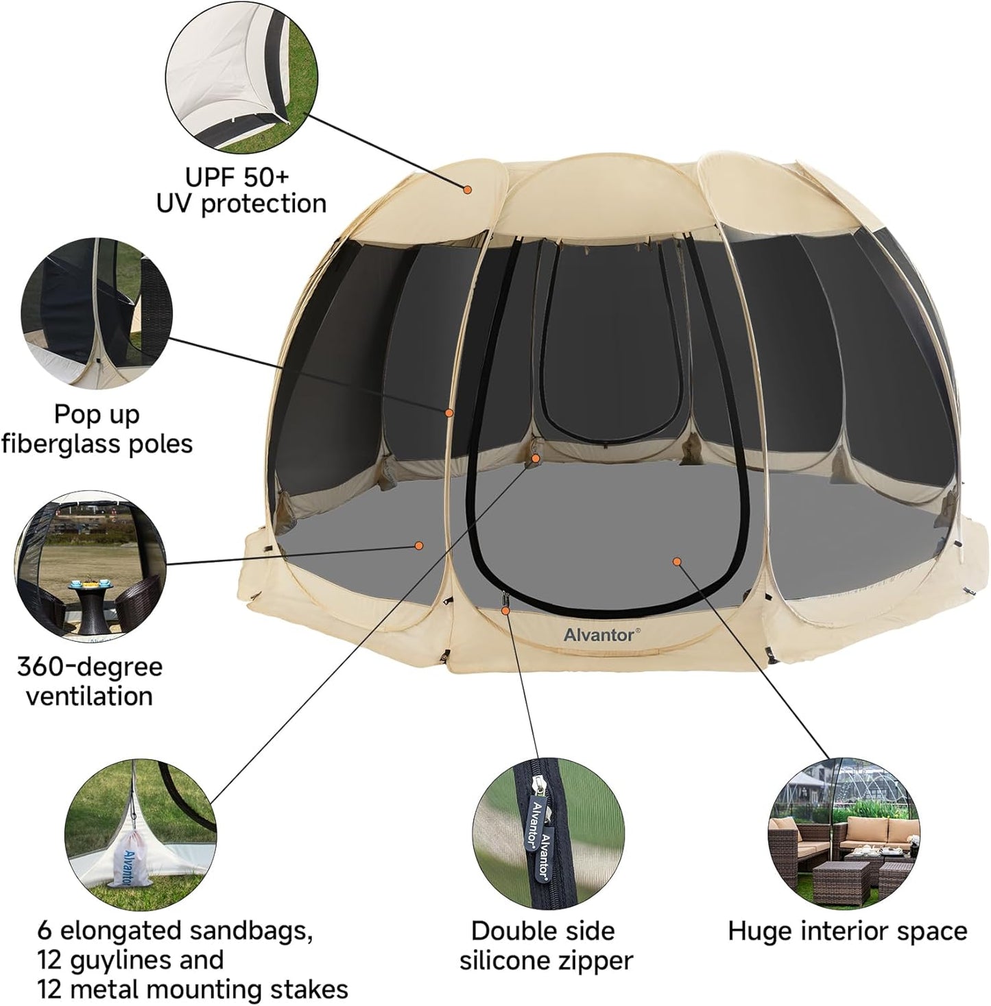 Alvantor Screen House Gazebo, 6-10-15 Person Pop Up Igloo Screened Canopy Tent with Mosquito Netting Sides, Instant UV Resistant Sun Shelter for Garden, Patio, Backyard