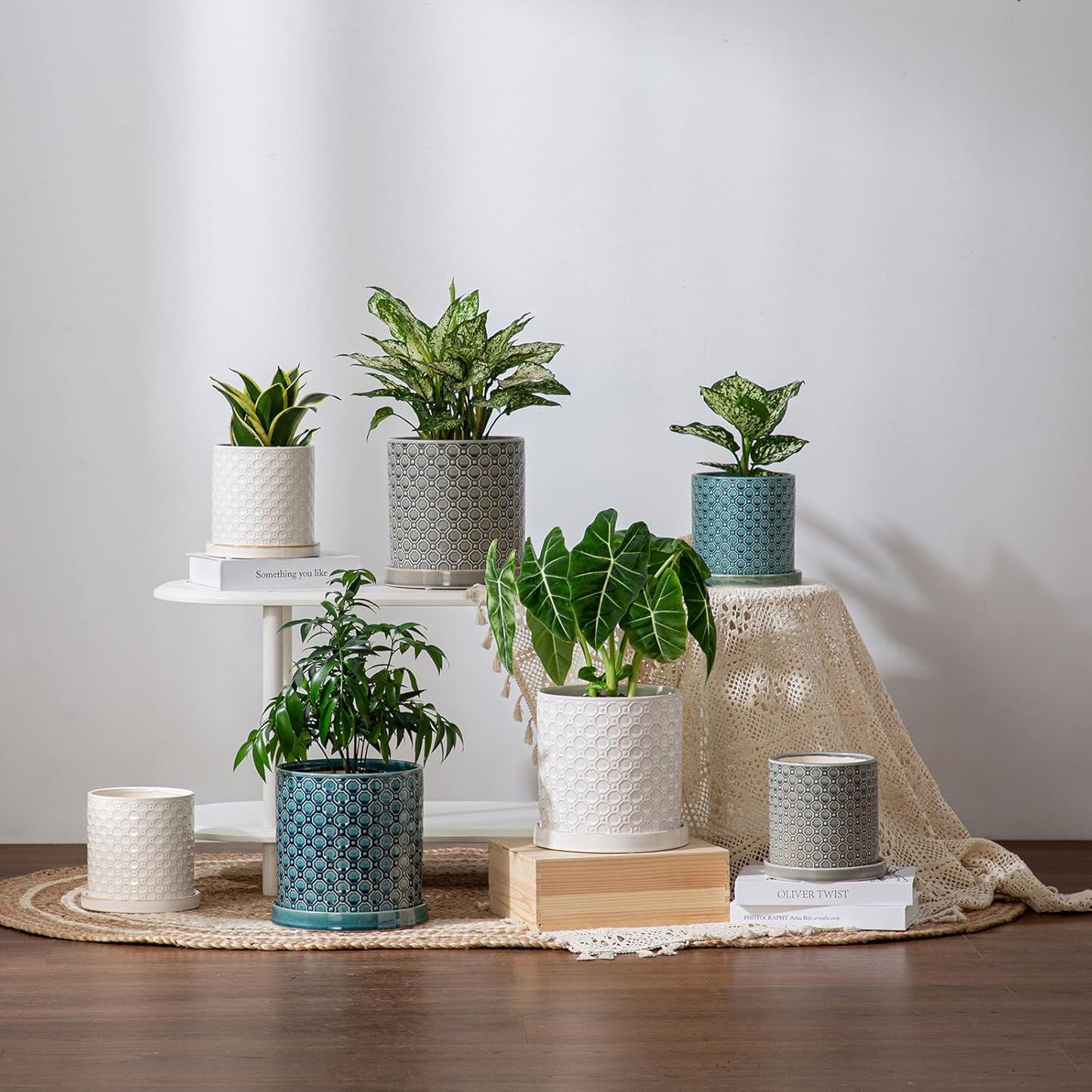 8 Inch Plant Pot: Ceramic Planter with Drainage Hole & Saucer Indoor Outdoor Plants - Cylinder Round Flower Pot for Home Office - Modern Decorative - Medium Grey