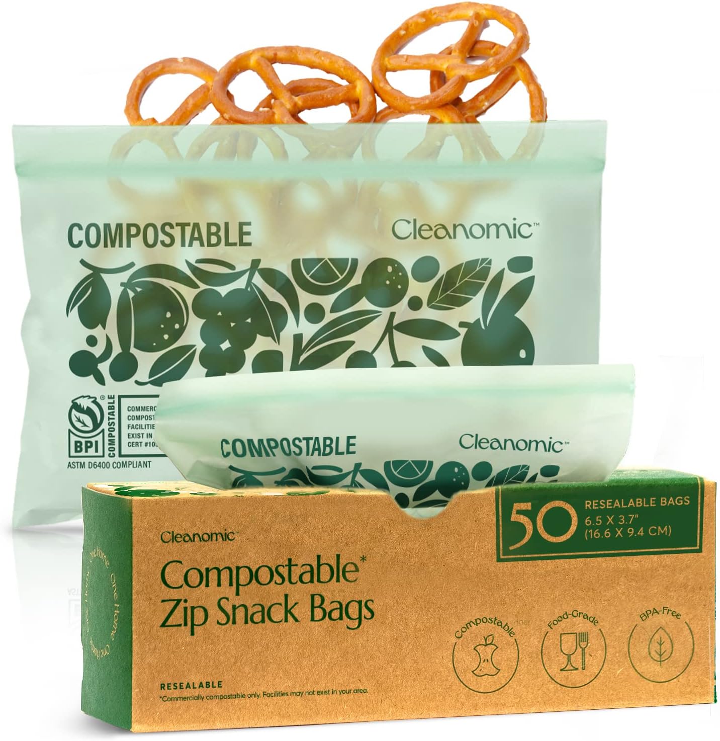 Cleanomic Compostable* Snack Size Food Storage Bags (50 Eco Zip) Freezer and Leak Proof, Also Available Gallon, Quart and Sandwich Size Bags