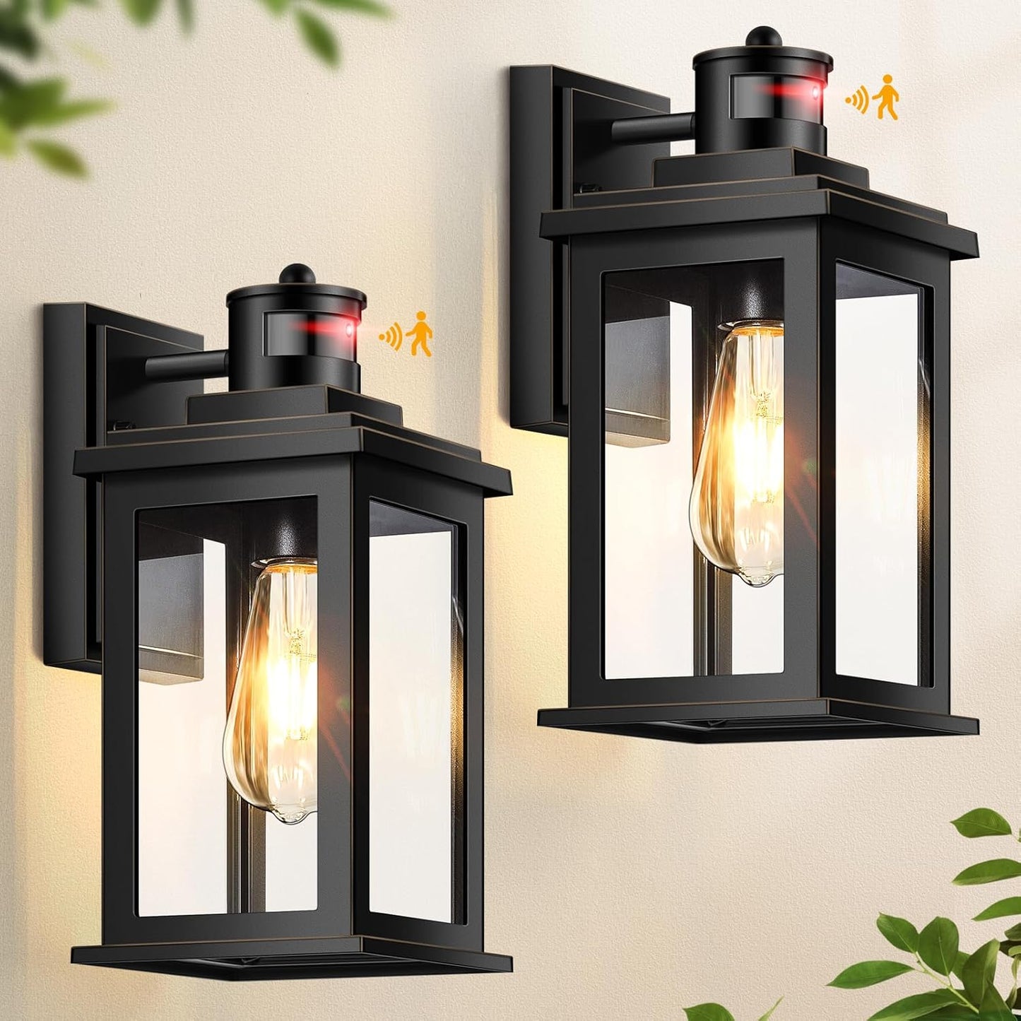 VIANIS 2 Packs Motion Sensor Outdoor Lights for House, Dusk to Dawn Front Porch Light, Black Gold Outdoor Light Fixture Sconce with Tempered Glass for House, Doorway, Entryway,Hardwired, Non-Solar