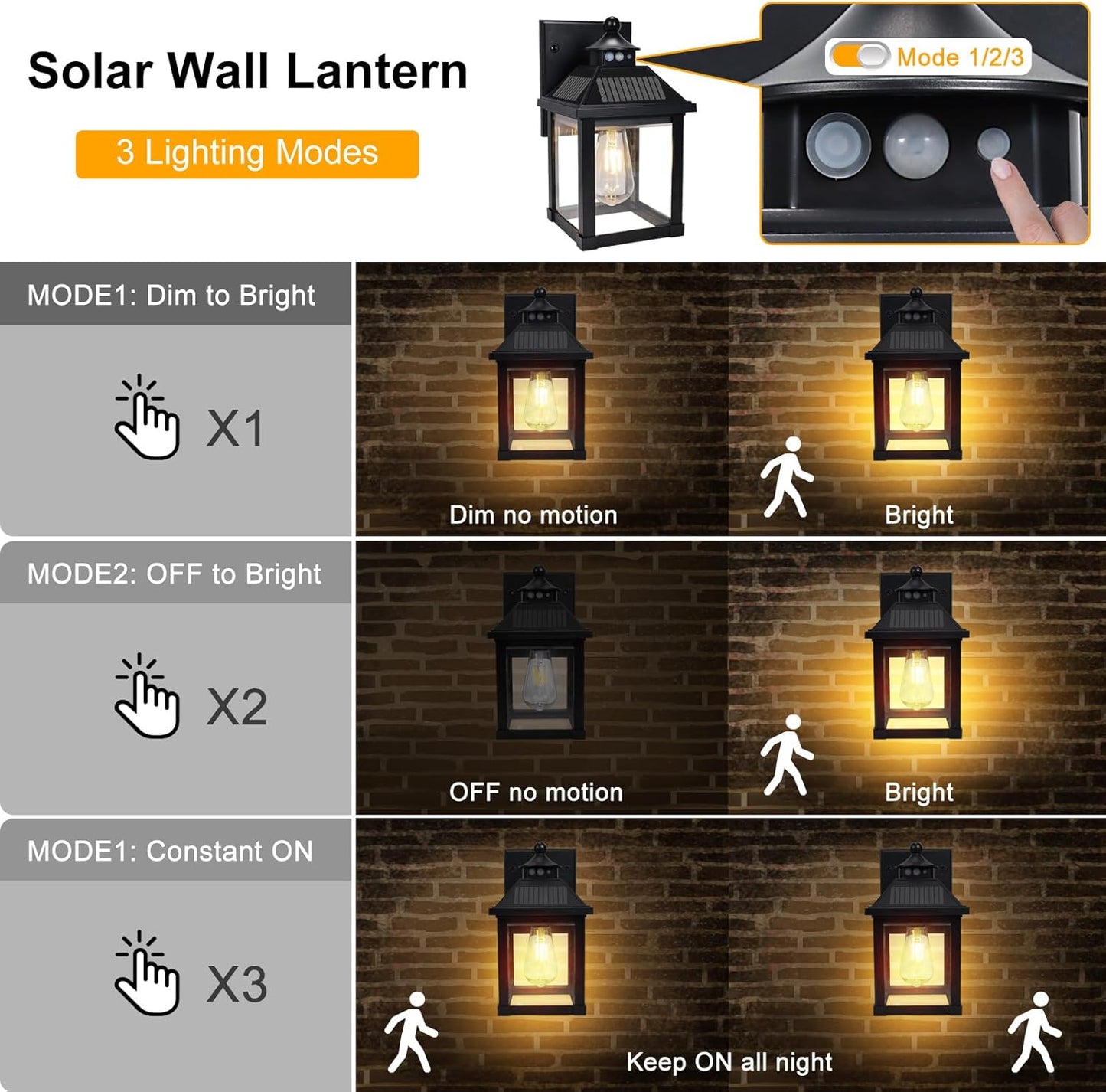Solar Wall Lights Outdoor, Dusk to Dawn Motion Sensor Lights Waterproof, Solar Porch Lights with 3 Modes & Motion Sensor, Lantern Light Fixture for Patio Garage Entryway Garden