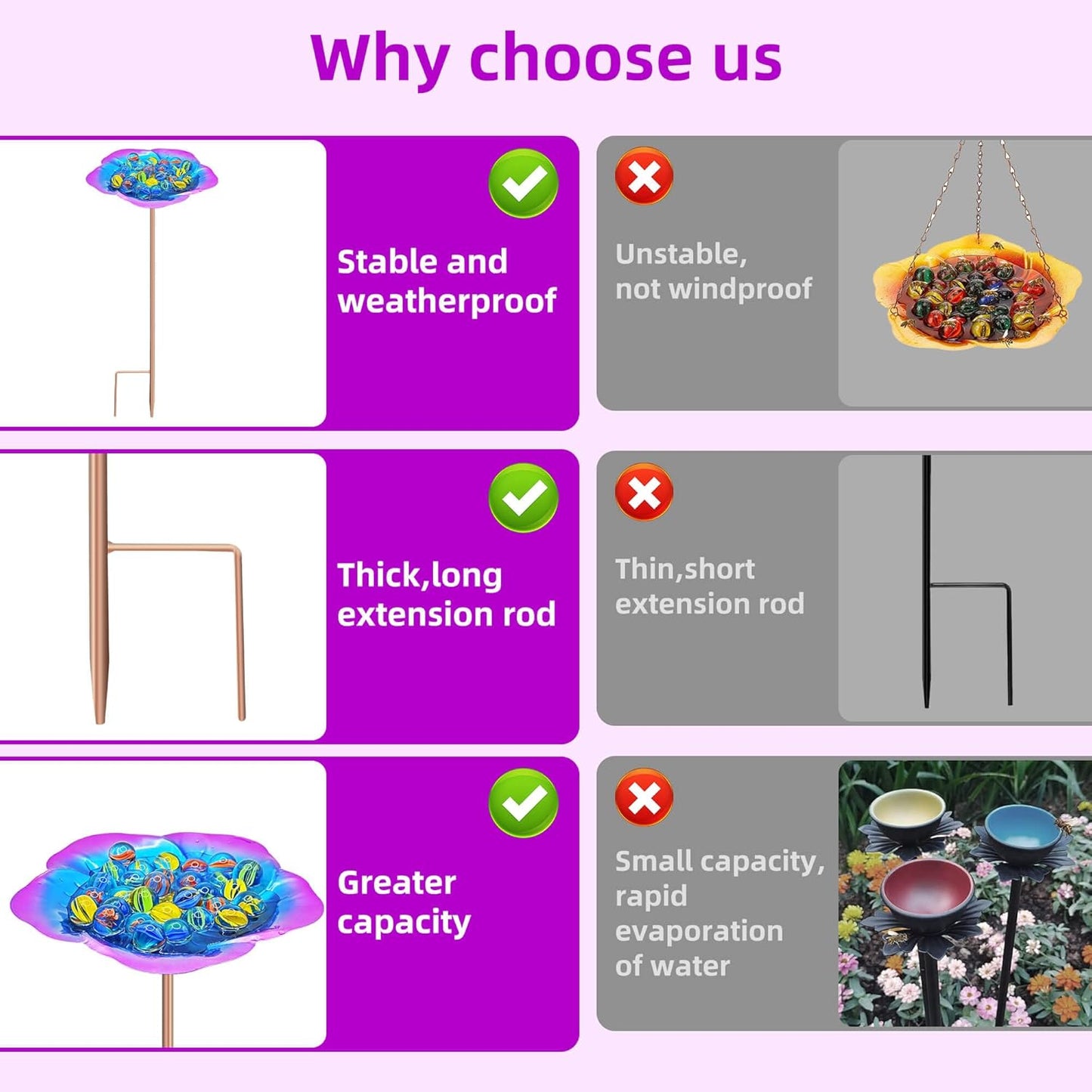 Bee Watering Station-Golden Purple Puddler Bee Bath & Feeder with Metal Stakes - 30 Glass Marbles, Vivid Flower Design, Garden Yard Decor (Purple-1PACK)