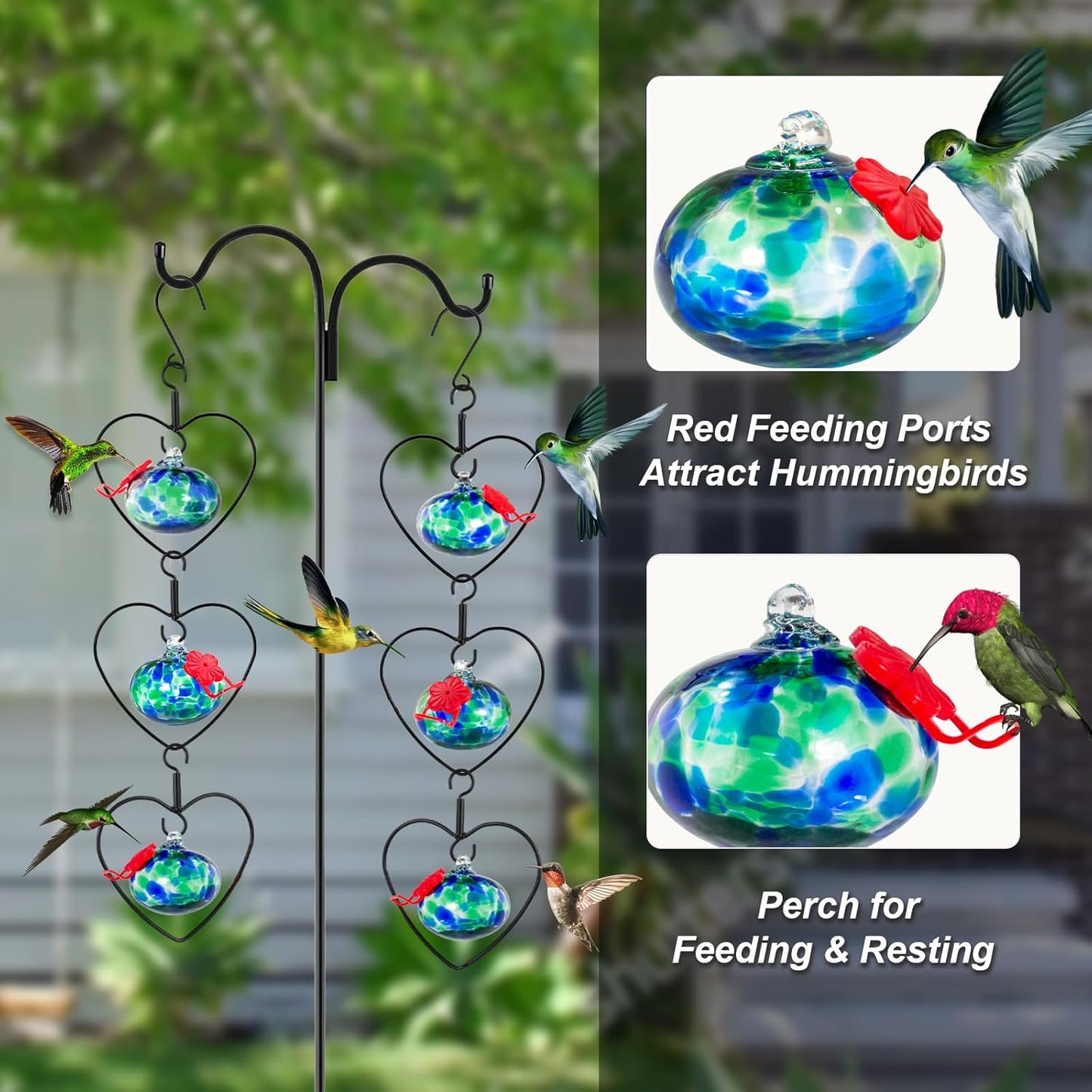 6 Pcs Heart-Shaped Hummingbird Feeder for Outdoors, Flexible Stackable Hand Blown Glass Humming Bird Feeders with 6 Adjustable Perch for Garden Tree Yard Patio Outdoors (Heart Shaped, Dotted Blue)