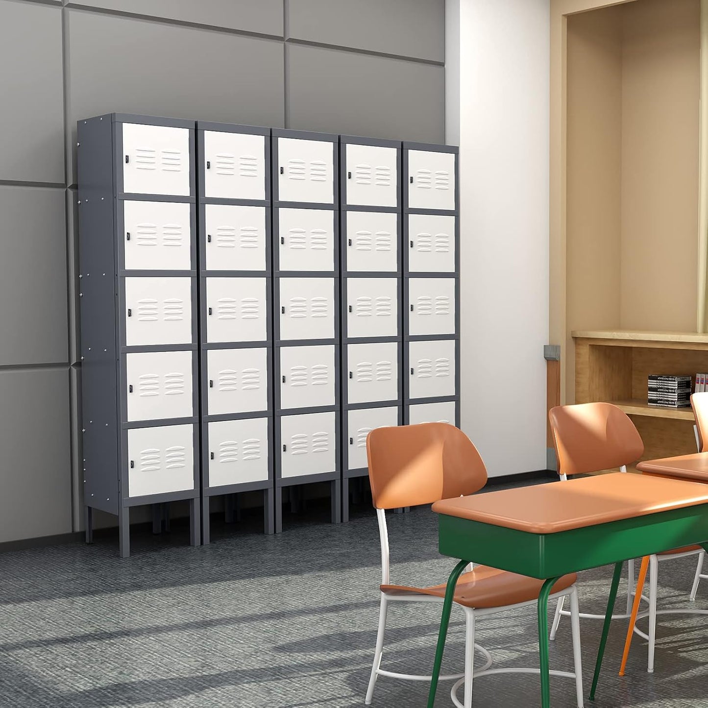 Metal Locker with 5 Doors, 5 Tier Locker Steel Employees Lockers, Tall Steel Storage Lockers for School, Home, Office, Gym(Grey White), (ML-0721)