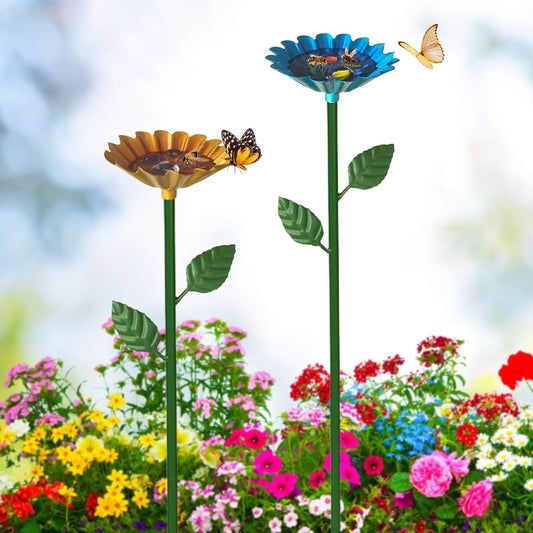 2 Pack Bee Watering Station, Bee Baths for Garden with Glass Marbles, Colorful Metal Butterfly Bird Water Feeder Supplies for Outdoor Garden Yard Farm Decor Flower Design (Blue,Yellow)