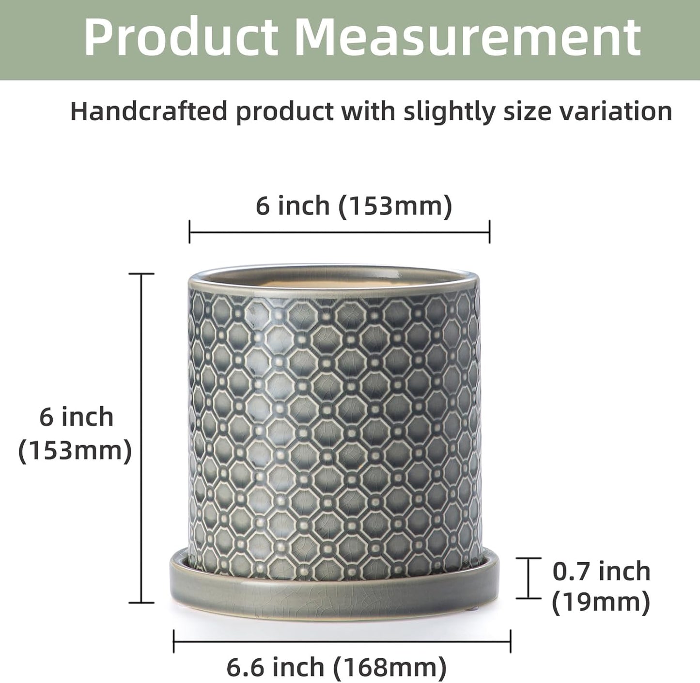 6 Inch Plant Pot: Ceramic Planter with Drainage Hole & Saucer Indoor Outdoor Plants - Cylinder Round Flower Pot for Home Office - Modern Decorative - Small Grey