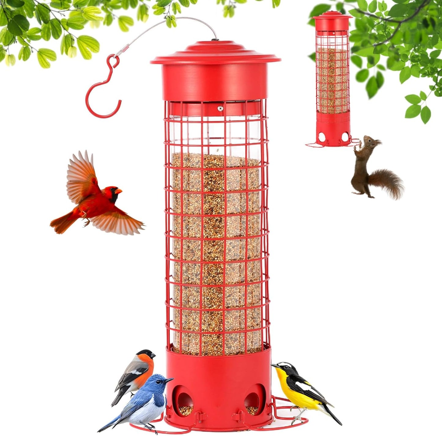 Squirrel Proof Bird Feeder for Outdoors, Weatherproof Metal Feeder, 4.5 lb Large Capacity, Weight-Activated Perches, Hanging Feeder for Cardinals, Finches, Wild Birds, Red