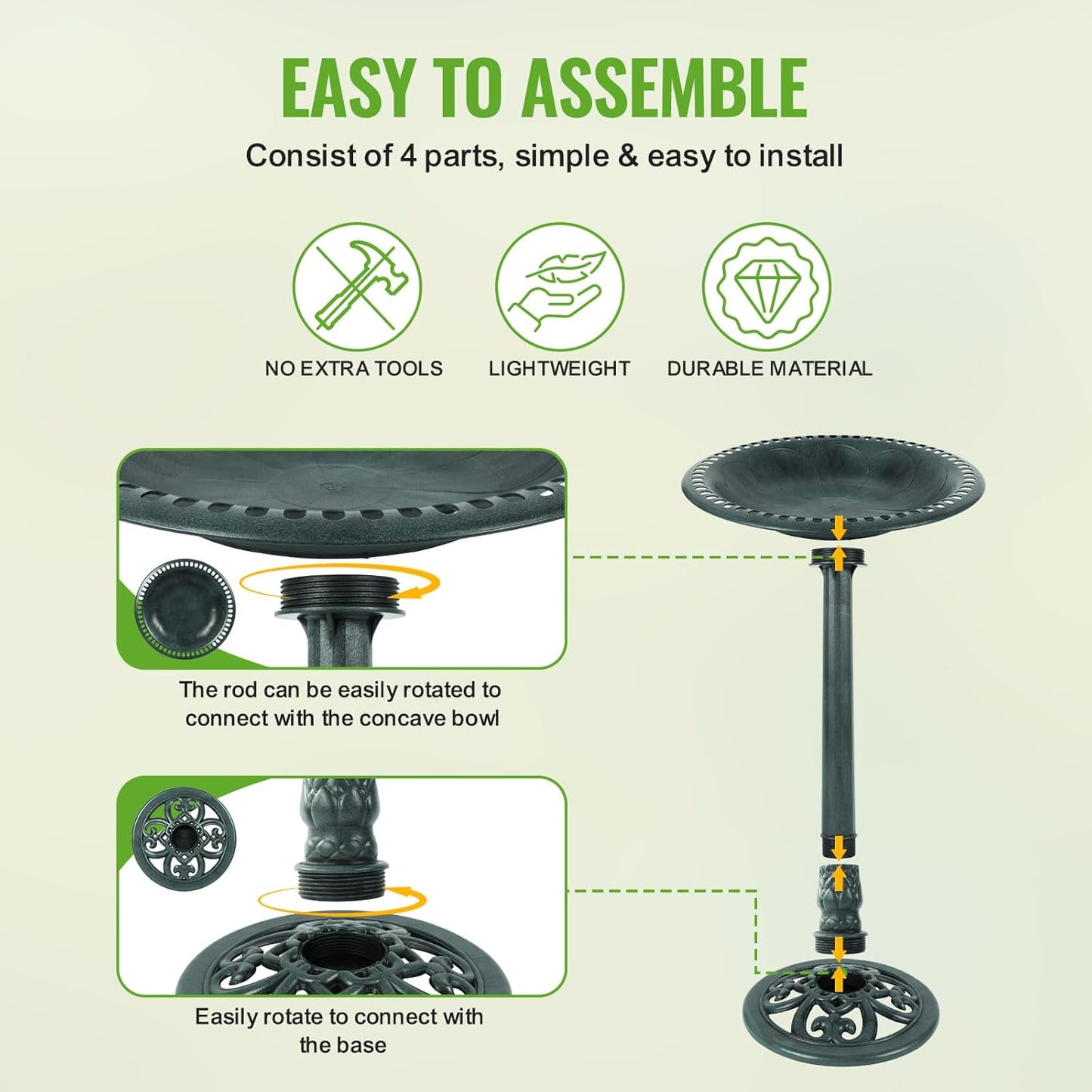 Backyard Expressions Outdoor Garden Bird Bath - Green - Weather Resistant Polyresin - 27 Inch