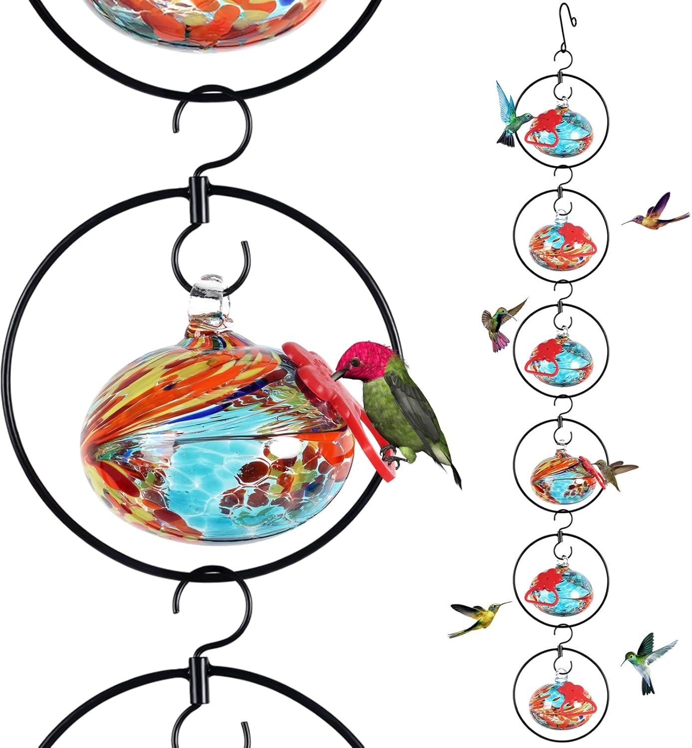 Flexible 6-Circular Hummingbird feeders for Outdoors Hanging Ant and Bee Proof,Hand Blown Glass Hummingbird Feeder with 6 Adjustable Silicone Perch(Blue)