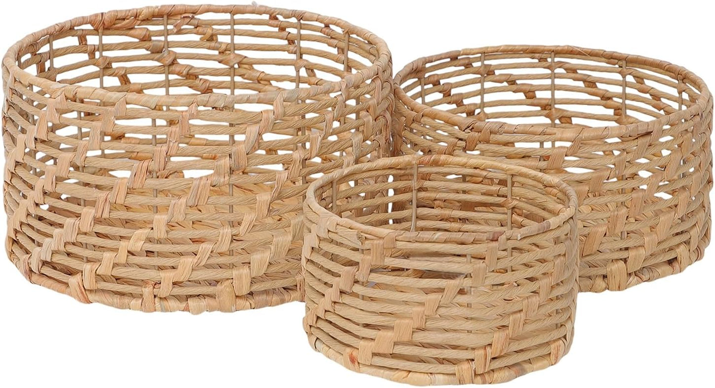 Storage Baskets Natural Weave Handwoven Round Paper Rope Hyacinth basket Stackable writing desk Organizer for Home, Eco-Friendly Woven Decor Set of 3