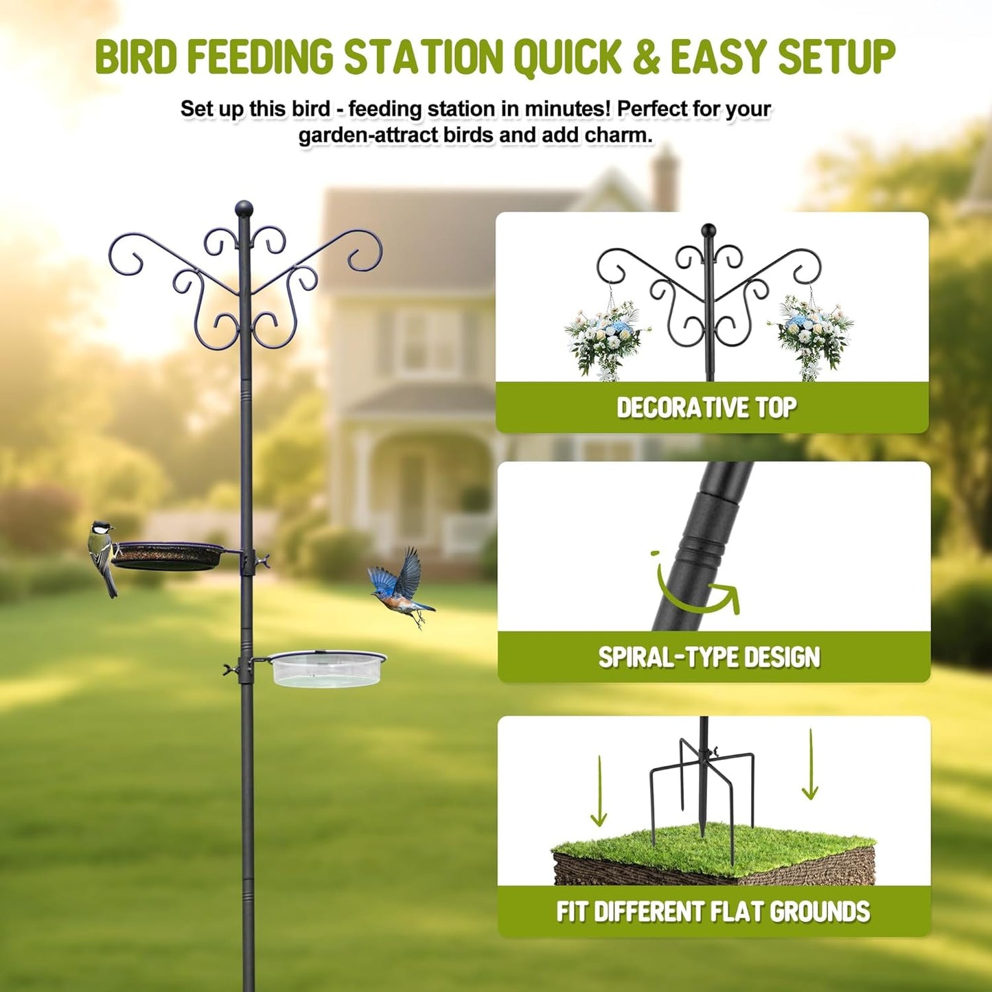 MIXXIDEA Bird Feeding Station Bird Feeder Pole with 5-Prong Base Hanging Hooks Water Bath Mesh Tray Wind-Resistant Water Bowl with Metal Snap Fastening for Outdoors to Attract Wild Birds
