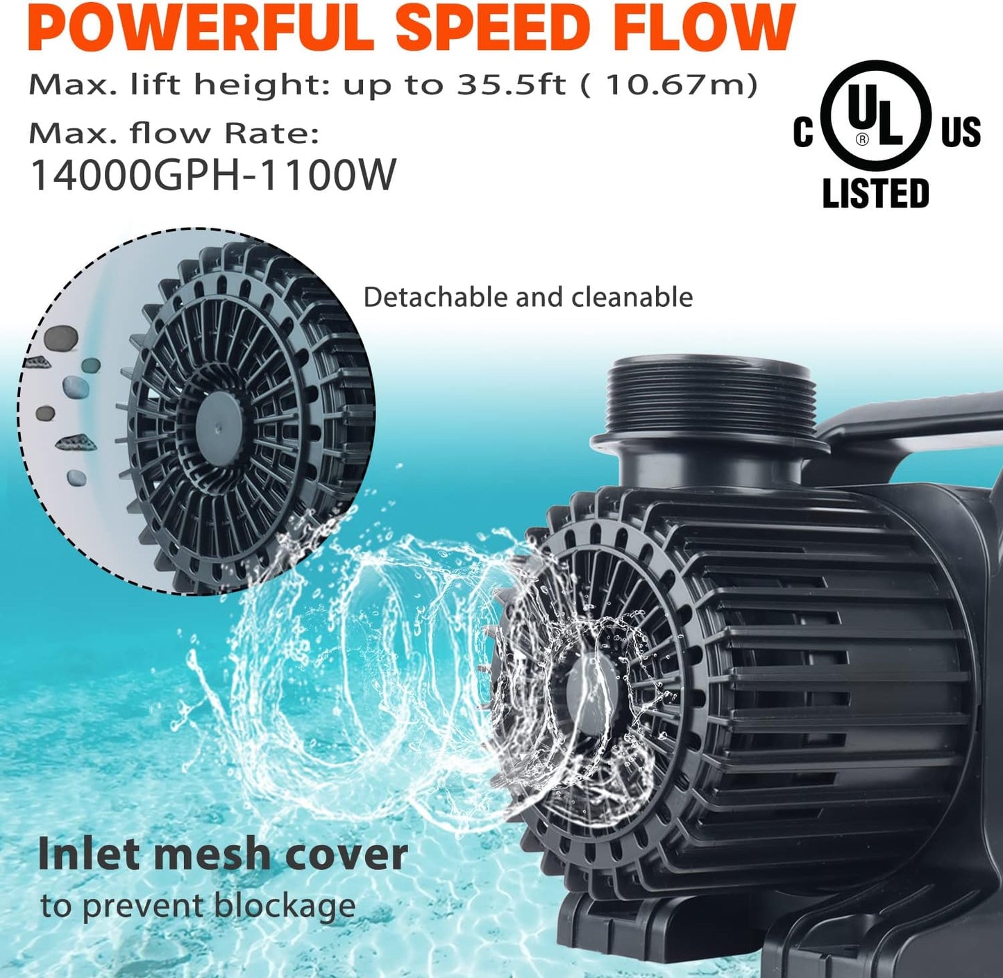 WaterRebirth (14000GPH, UL Listed) PS- High Flow Submersible Water Pond Pump - Water Aquarium Fountain Pump - Aquarium,UL listed (14000GPH-1100W)