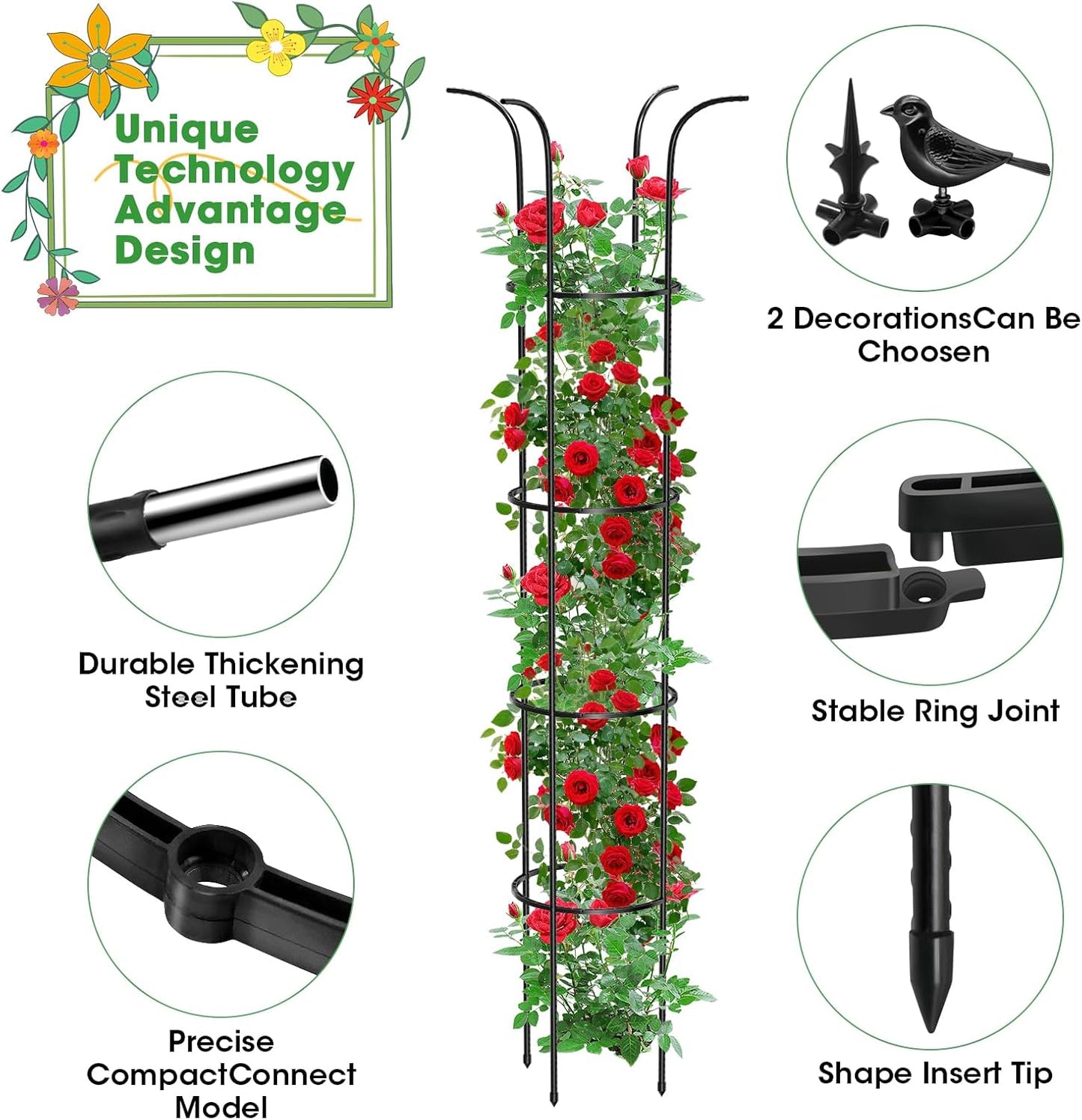 Tower Obelisk Garden Trellis for Climbing Plant，73.6inch Rustproof Metal Potted Plant Climbing Support for Indoor Outdoor Flowers Vegetable Fruits Vines Support (2Pcs)
