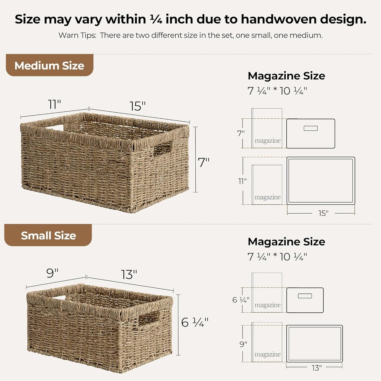 StorageWorks Wicker Storage Baskets, Large and Small Baskets, Handwoven Seagrass Basket for Organizing, Decorative Organizers with Built-in Handles, Set of 2