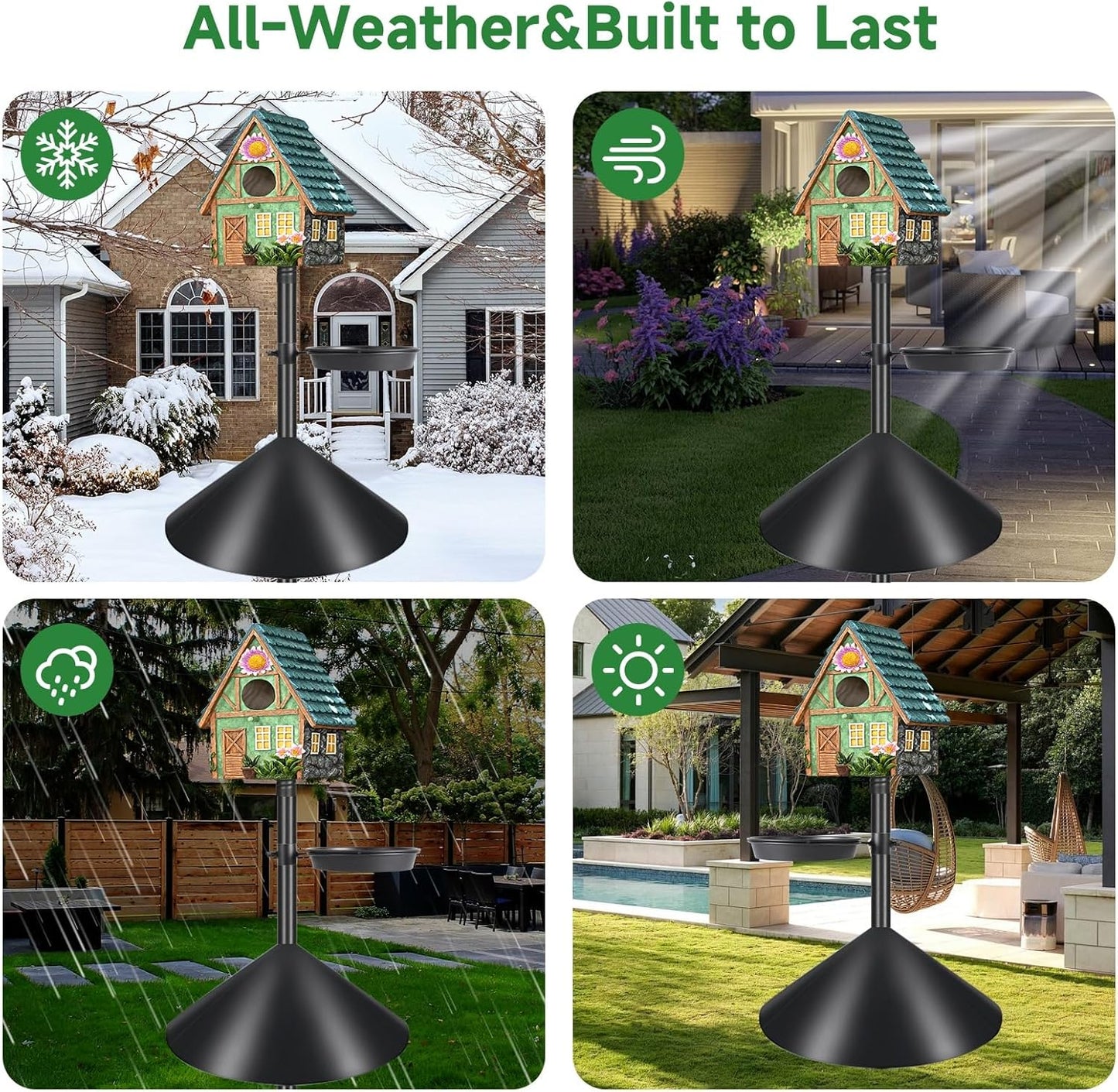 Smart Bird Feeder Pole with Squirrel Baffle & Bath-Heavy Duty Adjustable 3-6.6ft Universal Stand Mount for Backyard&Outdoor Bird Houses/Cameras (80'Pole-Baffle-Bath)